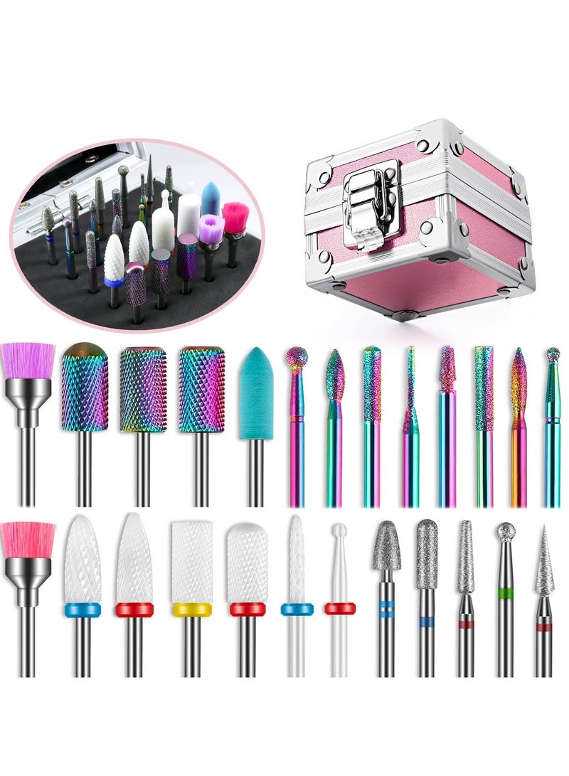 Captaintech 25 Piece Nail Drill Bits Set in Pink Case for Home Salon Use, Ceramic and Diamond Carbide Bits for Acrylic and Gel Nails - Image 1