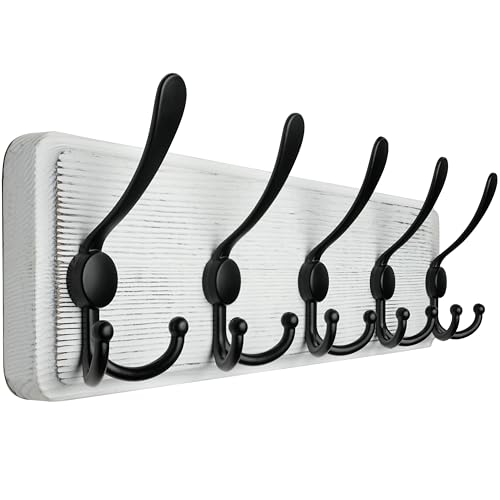 WEBI Coat Rack Wall Mount,Coat Hooks Wall Mounted,16" Hole to Hole,Coat Hanger Wall,Wood Hook Rack Rail,5 Triple Hooks for Hanging Coats,Jacket,Clothes,Black/White - Image 1