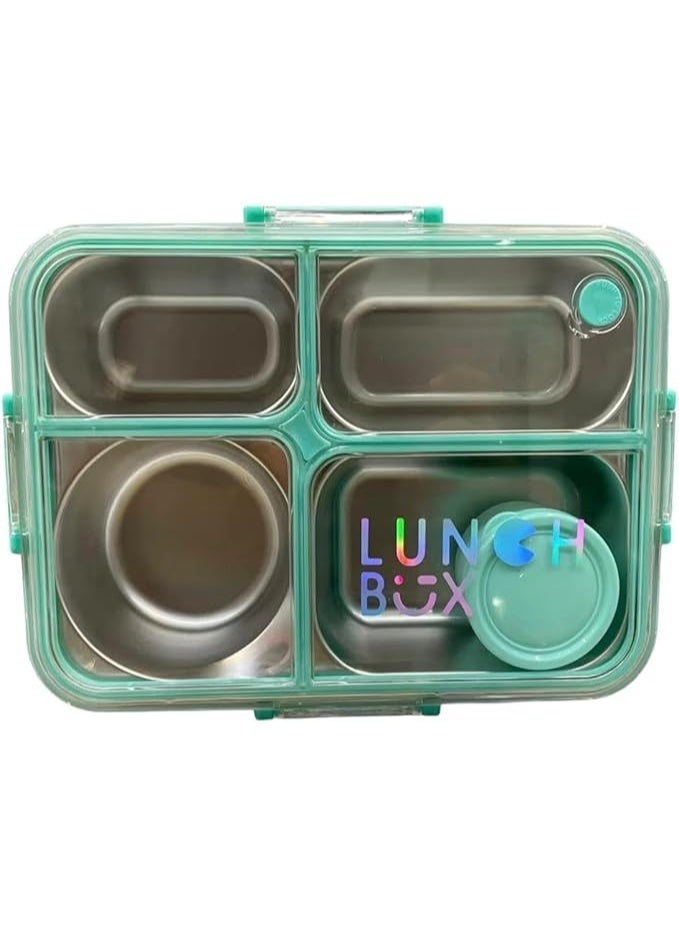 Taj Bazaar  Stainless Steel Lunch Box, 4-Compartment with Sauce Container, Leakproof, 22.5 x 16.5 x 7 cm green colour - Image 1