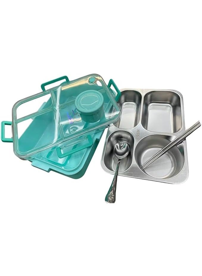 Taj Bazaar  Stainless Steel Lunch Box, 4-Compartment with Sauce Container, Leakproof, 22.5 x 16.5 x 7 cm green colour - Image 4