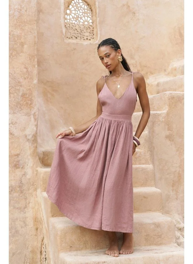 Bohemai  Eara Strap Light Burgundy Long Linen Dress. for Women | Best Price UAE