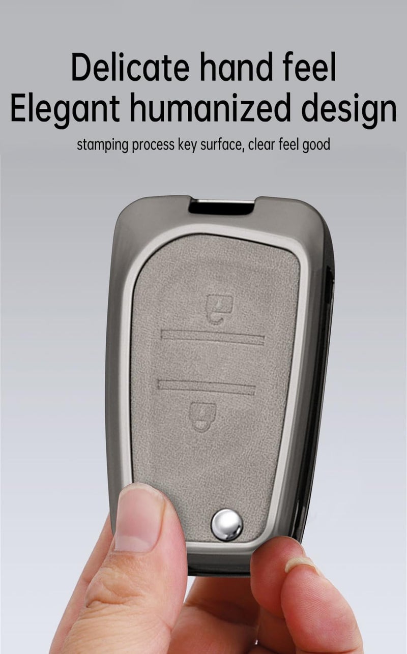 2 Button Gray Leather Zinc Alloy Flip Key Fob Cover with Keychain - Image 4