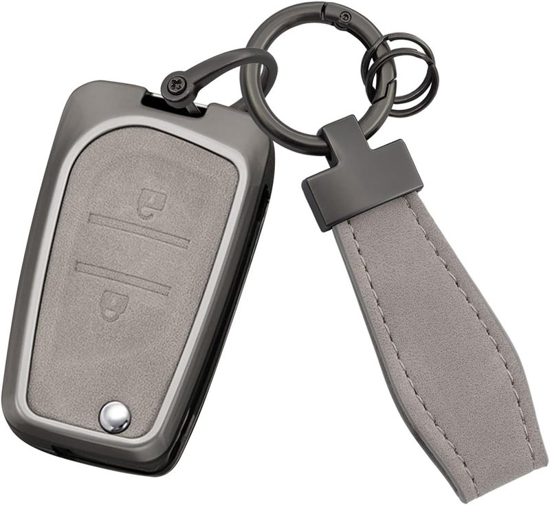 2 Button Gray Leather Zinc Alloy Flip Key Fob Cover with Keychain - Image 1