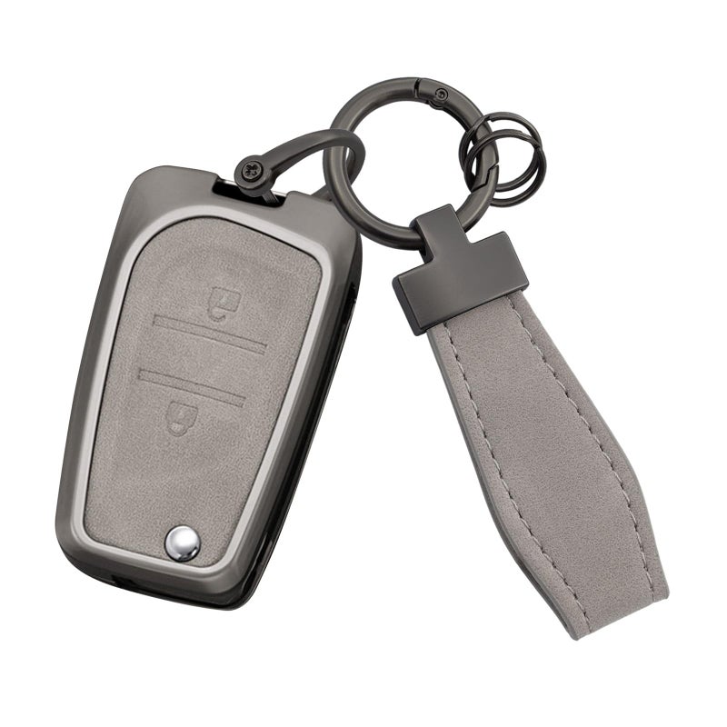 2 Button Gray Leather Zinc Alloy Flip Key Fob Cover with Keychain - Image 2