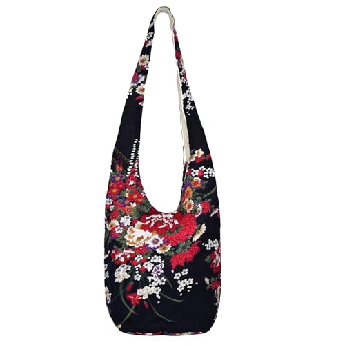 WITERY Large Hobo Sling bag For Women - Handmade Ethnic Canvas Cloth Crossbody Bags with Zip Closure, Ladies Everyday Small Hippie Purse Sling Tote Travel Purse Shoulder Bag - Image 1