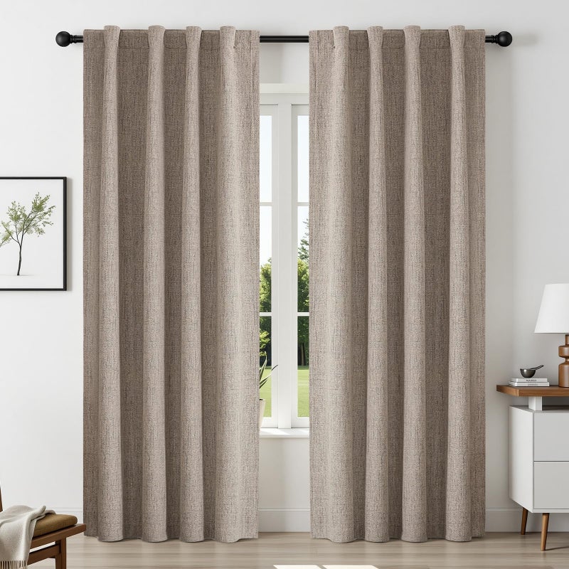 CUCRAF Natural Linen 100% Blackout Curtains 96 Inch Length 2 Panels Set, Back Tab and Rod Pocket Curtain for Living Room Bedroom, Room Darkening Window Drapes Thermal Insulated, (52x96 inch, Linen) - Image 1