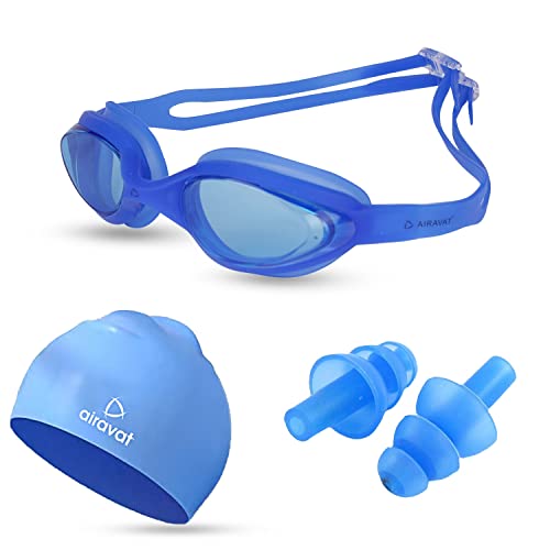 Airavat Swimming Kit, 0003 Swimming Set for Men & Women with Swimming Goggles Case, Swim Goggle, Earplugs & Swim Cap, Anti-Fog & Uv Protected, High Elasticated with Silicone Material (Blue) - Image 1