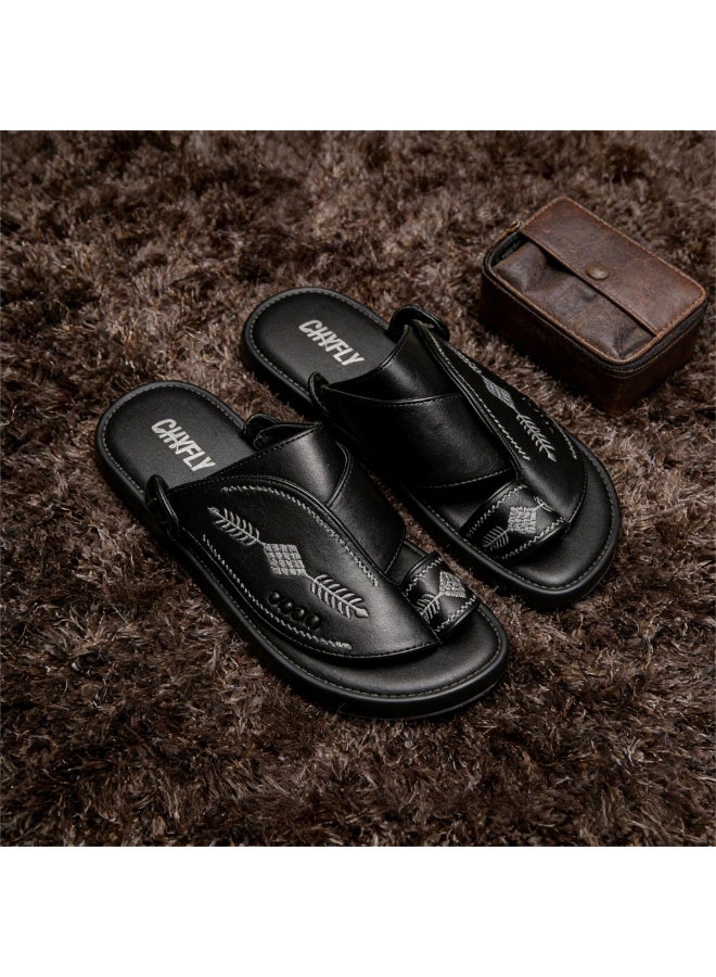 Men Arabic Style Black Faux Leather Toe Ring Slide Sandals, Traditional Embroidery Pattern Platform Flat Slippers, Soft Anti-Slip Casual Summer Slides Matching Thobe for Indoor & Outdoor Daily Wear - Image 3