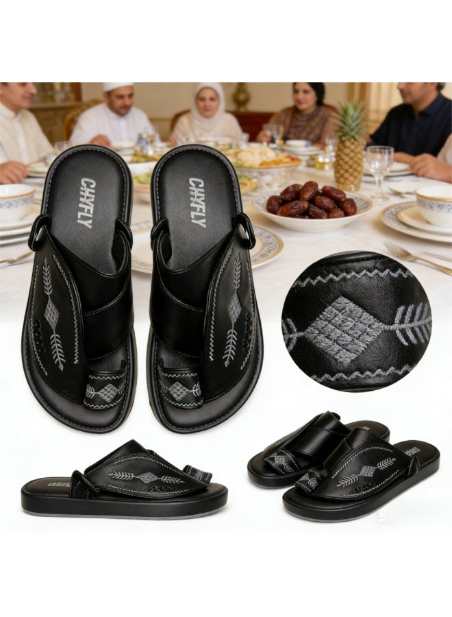 Men Arabic Style Black Faux Leather Toe Ring Slide Sandals, Traditional Embroidery Pattern Platform Flat Slippers, Soft Anti-Slip Casual Summer Slides Matching Thobe for Indoor & Outdoor Daily Wear - Image 1