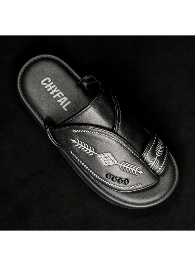 Men Arabic Style Black Faux Leather Toe Ring Slide Sandals, Traditional Embroidery Pattern Platform Flat Slippers, Soft Anti-Slip Casual Summer Slides Matching Thobe for Indoor & Outdoor Daily Wear - Image 5