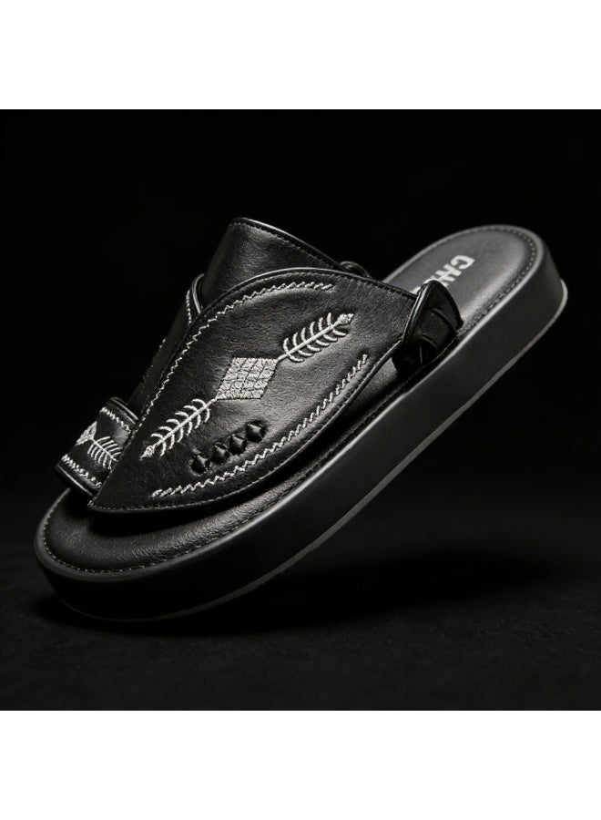 Men Arabic Style Black Faux Leather Toe Ring Slide Sandals, Traditional Embroidery Pattern Platform Flat Slippers, Soft Anti-Slip Casual Summer Slides Matching Thobe for Indoor & Outdoor Daily Wear - Image 4