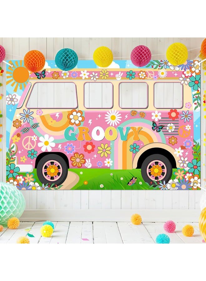 Lecheme Hippie Party Decorations Groovy Bus Backdrop Face Cutout 60s Photo Props Daisy Photo Background Party Supplies - Image 1