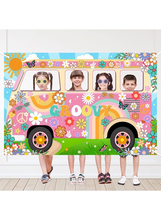 Lecheme Hippie Party Decorations Groovy Bus Backdrop Face Cutout 60s Photo Props Daisy Photo Background Party Supplies - Image 3