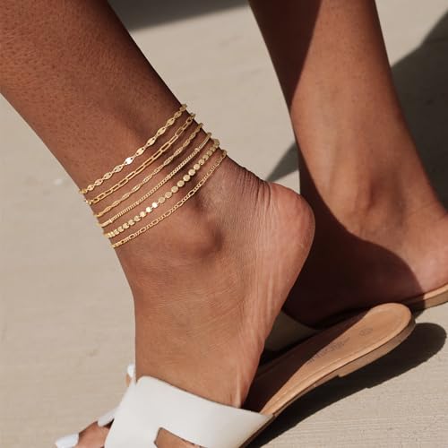 TEWIKY Waterproof Ankle Bracelets for Women, 14K Real Gold Filled Anklets for Women 6PCS Thiny Herringbone Box Paperclip Bead Figaro Cuban Link Anklet Set Dainty Gold Jewelry for Women Cute Summer - Image 3