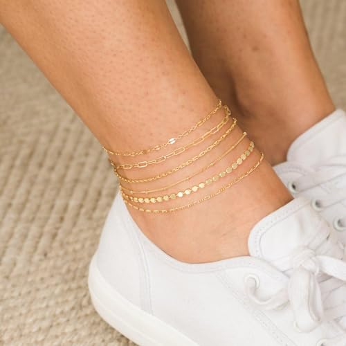 TEWIKY Waterproof Ankle Bracelets for Women, 14K Real Gold Filled Anklets for Women 6PCS Thiny Herringbone Box Paperclip Bead Figaro Cuban Link Anklet Set Dainty Gold Jewelry for Women Cute Summer - Image 4