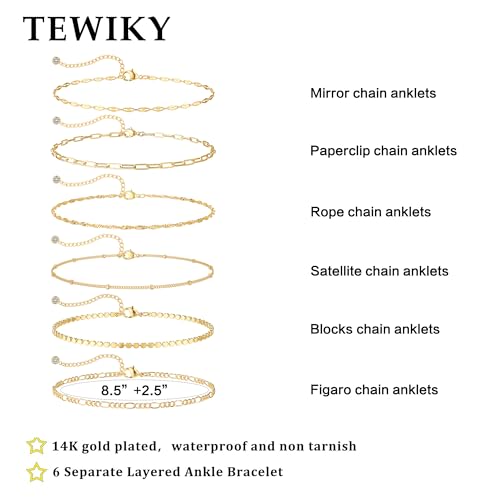 TEWIKY Waterproof Ankle Bracelets for Women, 14K Real Gold Filled Anklets for Women 6PCS Thiny Herringbone Box Paperclip Bead Figaro Cuban Link Anklet Set Dainty Gold Jewelry for Women Cute Summer - Image 5