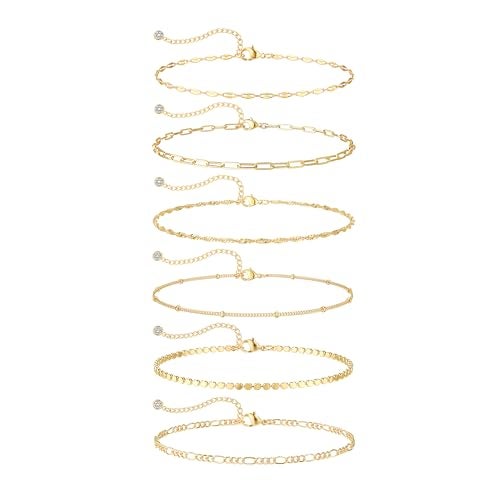 TEWIKY Waterproof Ankle Bracelets for Women, 14K Real Gold Filled Anklets for Women 6PCS Thiny Herringbone Box Paperclip Bead Figaro Cuban Link Anklet Set Dainty Gold Jewelry for Women Cute Summer - Image 1