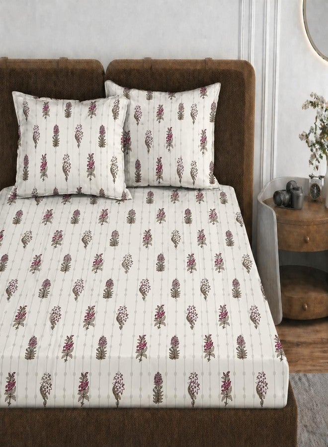 VOMZER 320 TC Cotton Feel All Around Elastic Fitted Bedsheets King Size, Premium Fitted Bedsheets King Size for Double Bed with 2 Pillow Covers, Size- 78” x 72” (Ivory Dot) - Image 1