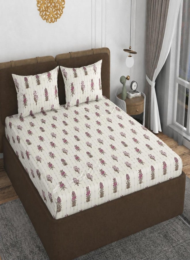 VOMZER 320 TC Cotton Feel All Around Elastic Fitted Bedsheets King Size, Premium Fitted Bedsheets King Size for Double Bed with 2 Pillow Covers, Size- 78” x 72” (Ivory Dot) - Image 3