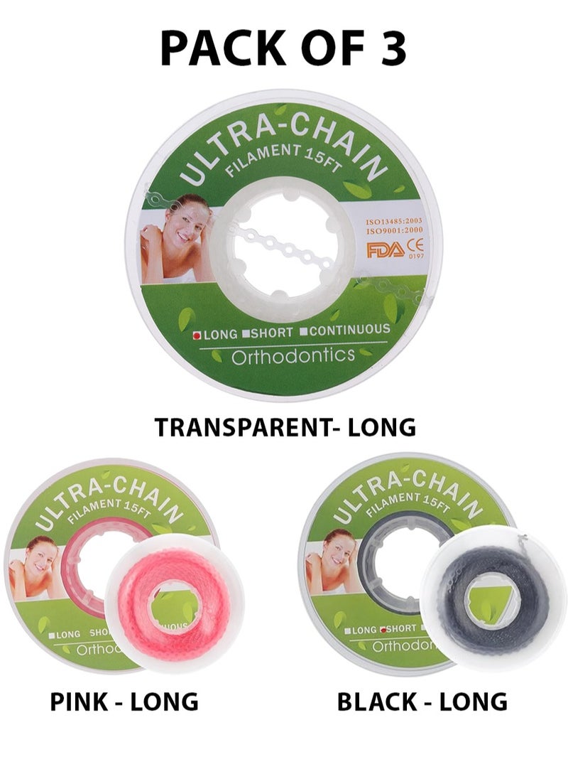 keemz ULTRA-CHAIN Elastic Power Chain Long Pack of 3  Pink+Black+Transparent  - Image 1
