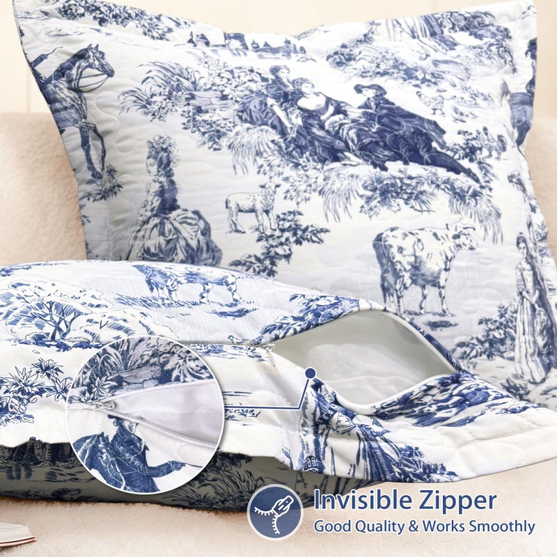 DriftAway Toile Quilted Pillow Covers Farmhouse French Country Vintage Printed Pattern Decorative Square for Home Sofa Bedroom Bed Decor 18 x 18 Inches 1PC Navy - Image 2