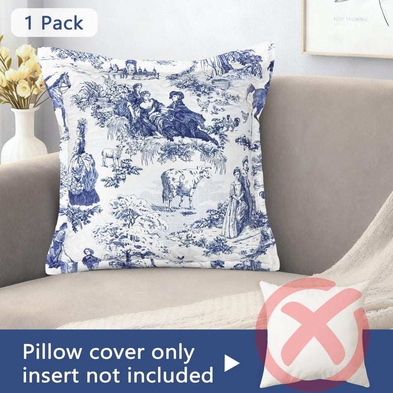 DriftAway Toile Quilted Pillow Covers Farmhouse French Country Vintage Printed Pattern Decorative Square for Home Sofa Bedroom Bed Decor 18 x 18 Inches 1PC Navy - Image 4