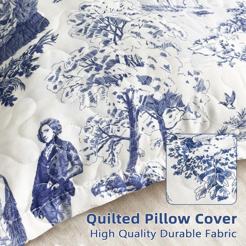 DriftAway Toile Quilted Pillow Covers Farmhouse French Country Vintage Printed Pattern Decorative Square for Home Sofa Bedroom Bed Decor 18 x 18 Inches 1PC Navy - Image 5