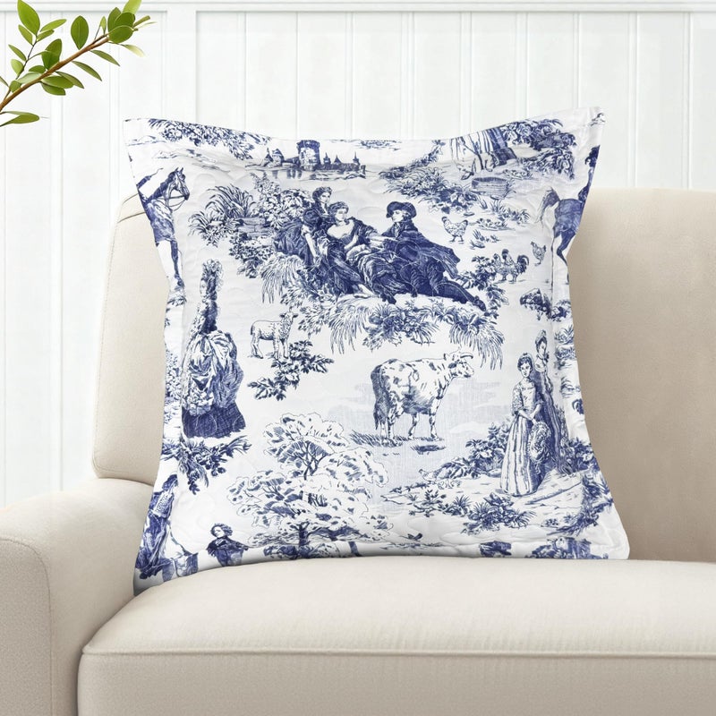 DriftAway Toile Quilted Pillow Covers Farmhouse French Country Vintage Printed Pattern Decorative Square for Home Sofa Bedroom Bed Decor 18 x 18 Inches 1PC Navy - Image 1