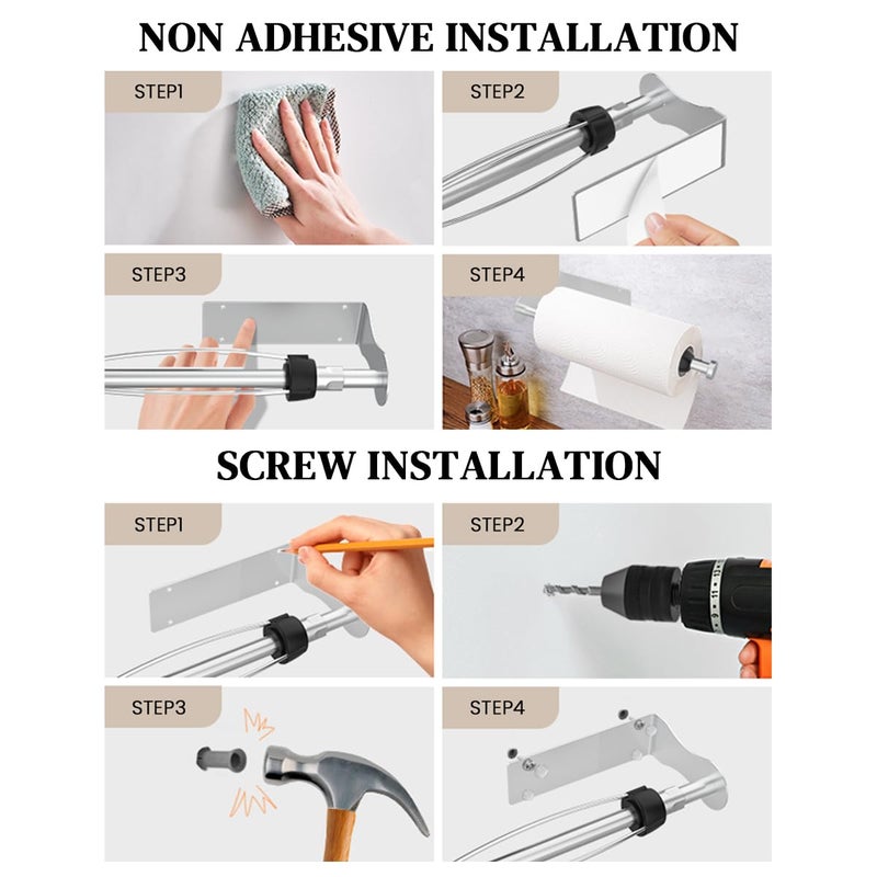 HASTHIP® 11.8-Inch Self-Adhesive Stainless Steel Paper Roll Holder, Tissue Paper Stand, Drill Free Wall Mount, Towel Holder for Kitchen Bathroom, Durable & Space-Saving, Horizontal/Vertical Placement - Image 3