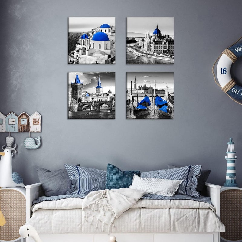 sunfrower Black and White City Wall Art Decor Navy Blue European Mediterranean Landscape Building Venice Sea Town of Santorini Canvas Print Home Decoration Bathroom Living Room 12x12 Inch 4 Pcs - Image 2