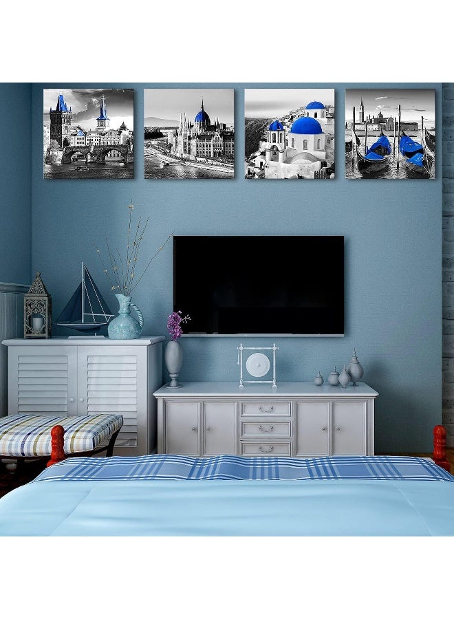 sunfrower Black and White City Wall Art Decor Navy Blue European Mediterranean Landscape Building Venice Sea Town of Santorini Canvas Print Home Decoration Bathroom Living Room 12x12 Inch 4 Pcs - Image 4