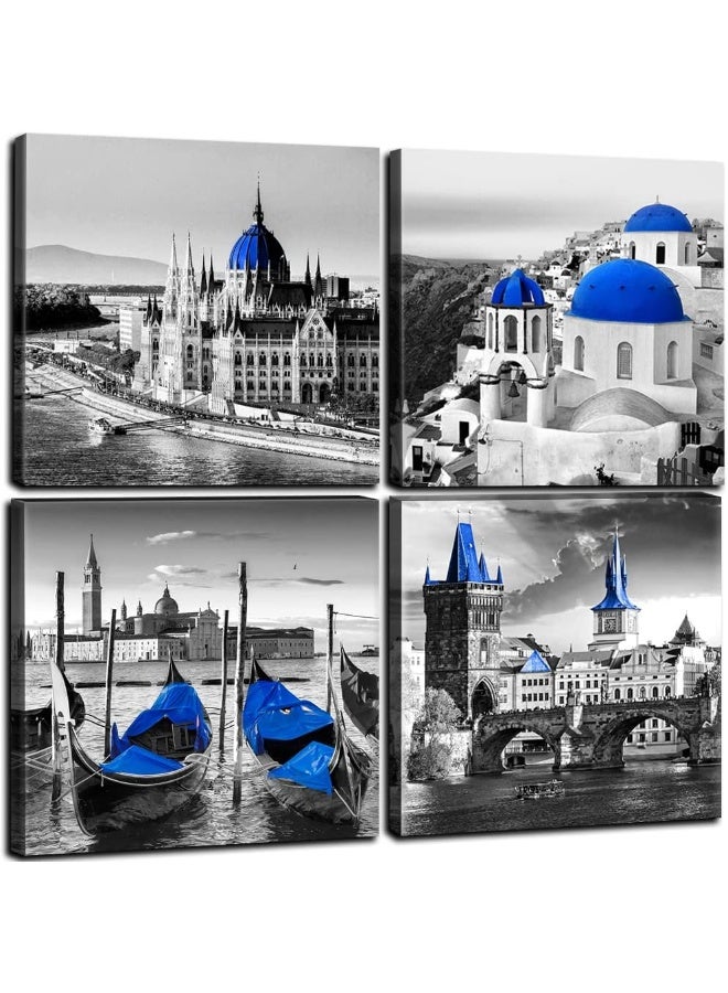 sunfrower Black and White City Wall Art Decor Navy Blue European Mediterranean Landscape Building Venice Sea Town of Santorini Canvas Print Home Decoration Bathroom Living Room 12x12 Inch 4 Pcs - Image 1