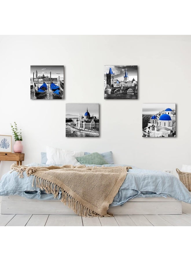 sunfrower Black and White City Wall Art Decor Navy Blue European Mediterranean Landscape Building Venice Sea Town of Santorini Canvas Print Home Decoration Bathroom Living Room 12x12 Inch 4 Pcs - Image 3