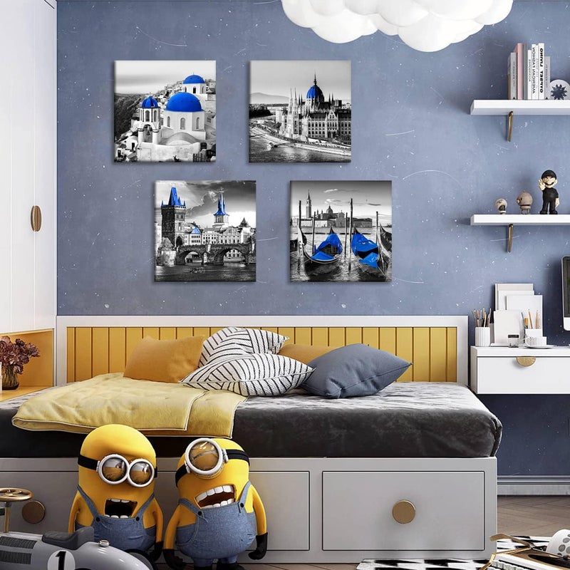 sunfrower Black and White City Wall Art Decor Navy Blue European Mediterranean Landscape Building Venice Sea Town of Santorini Canvas Print Home Decoration Bathroom Living Room 12x12 Inch 4 Pcs - Image 5