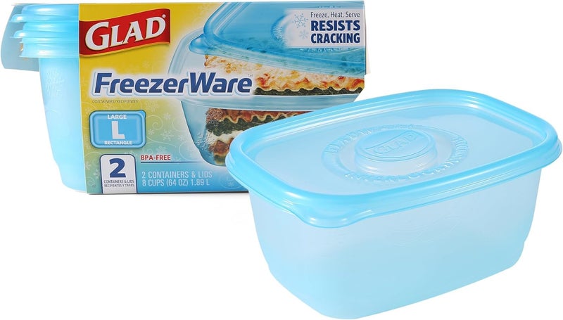 Glad GladWare FreezerWare Food Storage Containers with Lids Large Rectangle BPA Free Plastic for Freezing Soups Meals and Batch Cooking Crack Resistant Microwave Dishwasher Safe 64 Oz 2 Count - Image 2