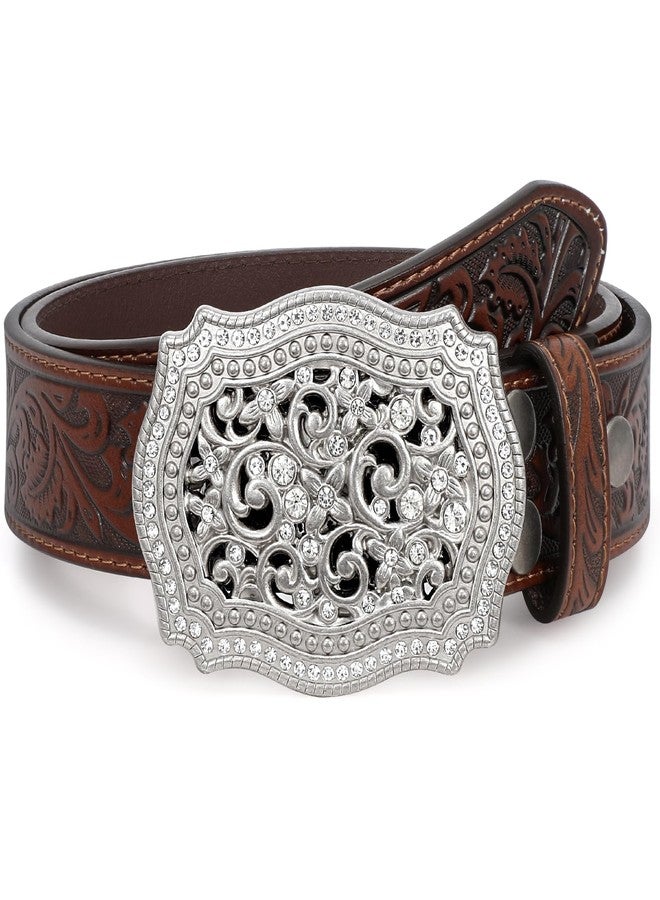WOWOGO Women Men Western Genuine Leather Belt Cowgirl Cowboy Floral Engraved Tooled Belt Strap Embossed Scrollwork Buckle - Image 1