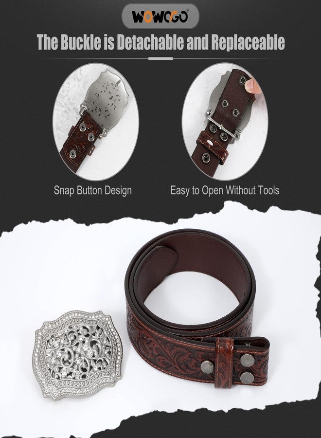 WOWOGO Women Men Western Genuine Leather Belt Cowgirl Cowboy Floral Engraved Tooled Belt Strap Embossed Scrollwork Buckle - Image 3