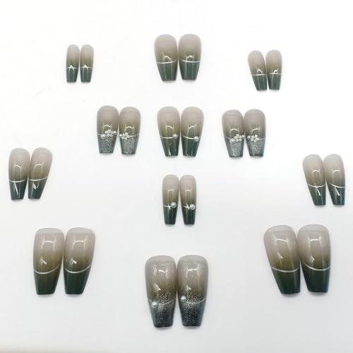 KRESHU 24 Pcs Ballerina Coffin Green Smalto Cat Eyes Gradient Nails Flower Pearl Decorate Press on Nail Full Cover Stick on Fake Nails Kits for Womens, Girls, Wedding Gifts(1-Set) - Image 5