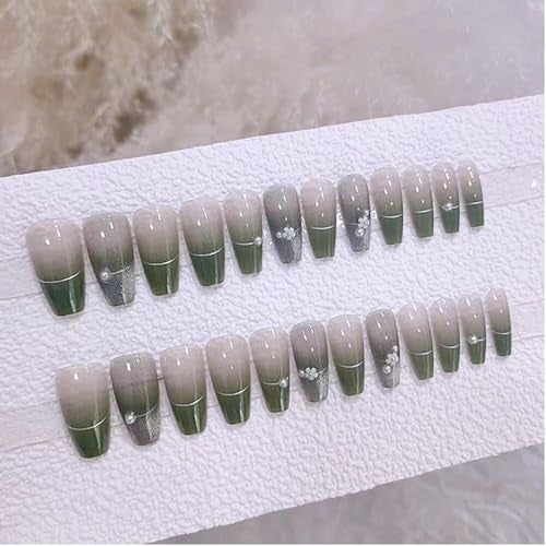 KRESHU 24 Pcs Ballerina Coffin Green Smalto Cat Eyes Gradient Nails Flower Pearl Decorate Press on Nail Full Cover Stick on Fake Nails Kits for Womens, Girls, Wedding Gifts(1-Set) - Image 4