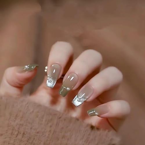 KRESHU 24 Pcs Ballerina Coffin Green Smalto Cat Eyes Gradient Nails Flower Pearl Decorate Press on Nail Full Cover Stick on Fake Nails Kits for Womens, Girls, Wedding Gifts(1-Set) - Image 1