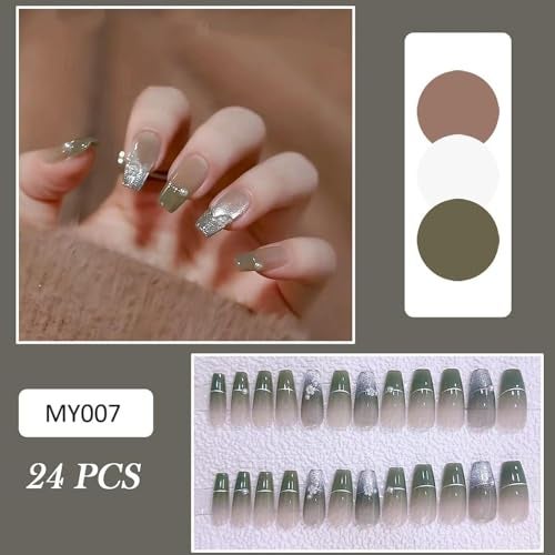 KRESHU 24 Pcs Ballerina Coffin Green Smalto Cat Eyes Gradient Nails Flower Pearl Decorate Press on Nail Full Cover Stick on Fake Nails Kits for Womens, Girls, Wedding Gifts(1-Set) - Image 2