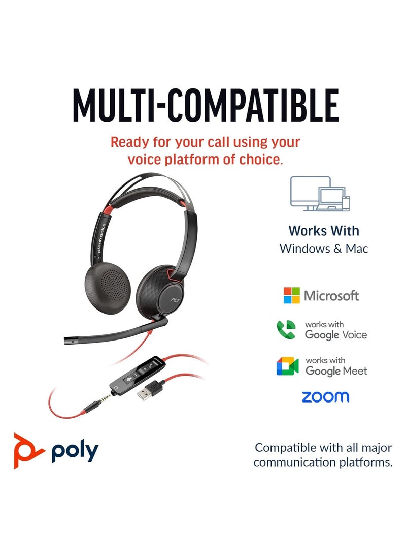 Plantronics Poly Blackwire 5220 Stereo USB C Headset & 3.5mm Plug + USB-C/A Adapter