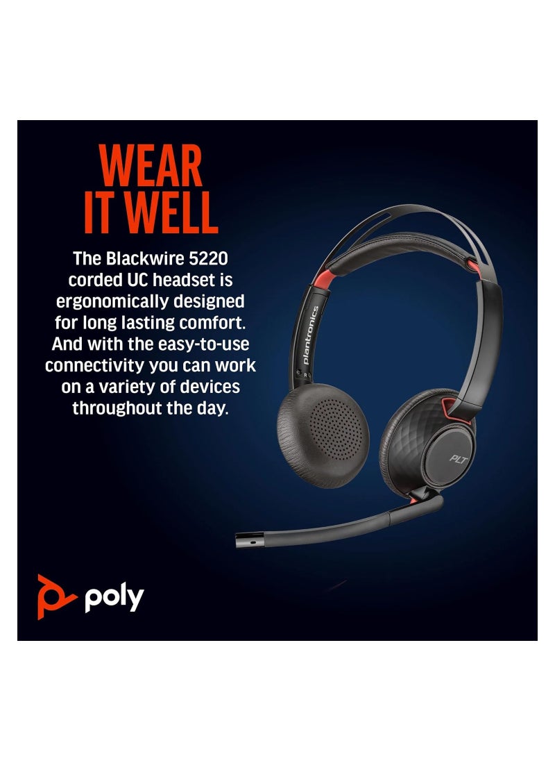 Plantronics Poly Blackwire 5220 Stereo USB C Headset & 3.5mm Plug + USB-C/A Adapter