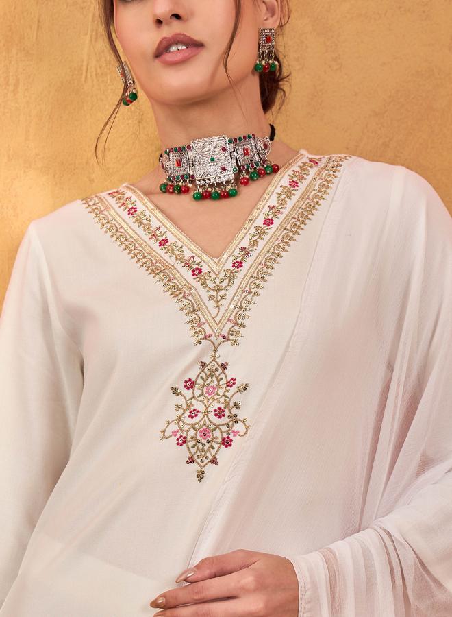 SASSAFRAS White Rayon Embroidered Kurta with Pencil Pants and Dupatta Set - Image 4