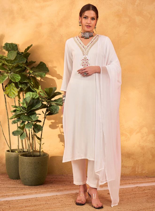 SASSAFRAS White Rayon Embroidered Kurta with Pencil Pants and Dupatta Set - Image 2