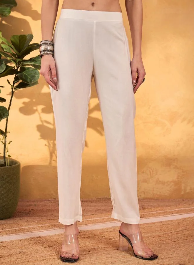 SASSAFRAS SASSAFRAS White Rayon Embroidered Kurta with Pencil Pants and Dupatta Set