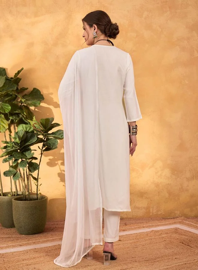 SASSAFRAS SASSAFRAS White Rayon Embroidered Kurta with Pencil Pants and Dupatta Set