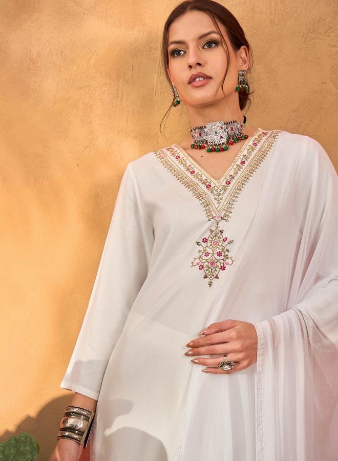 SASSAFRAS White Rayon Embroidered Kurta with Pencil Pants and Dupatta Set - Image 1