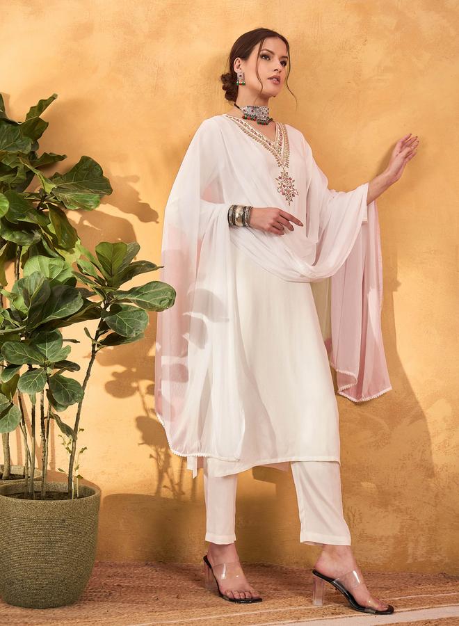 SASSAFRAS White Rayon Embroidered Kurta with Pencil Pants and Dupatta Set - Image 3