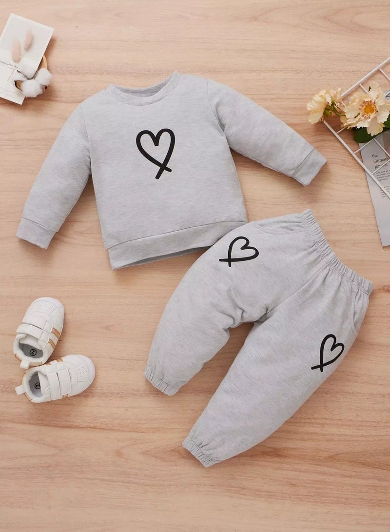 Baby Girl Heart Print Sweatshirt With Joggers - Image 1